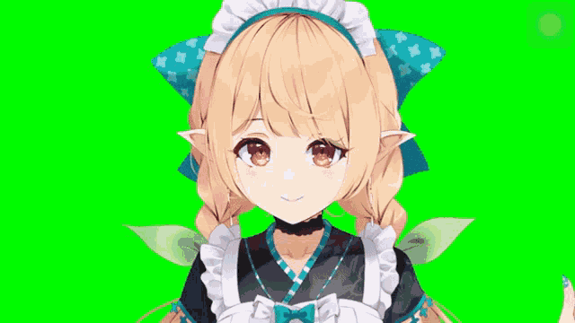 a girl with blonde hair is wearing a maid outfit and a blue headband