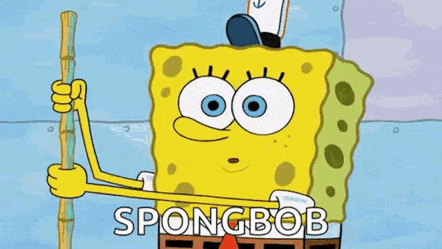 a cartoon character named spongebob is holding a wooden stick