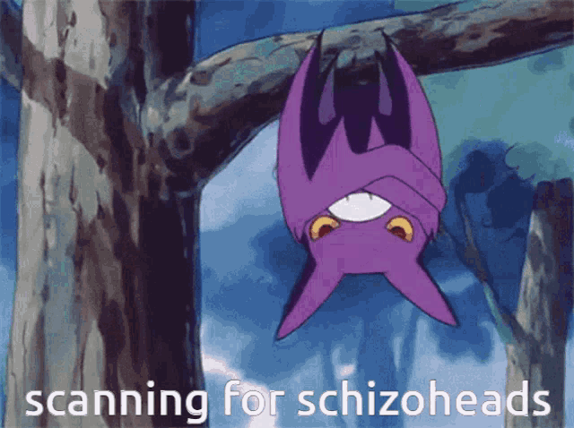 a purple bat is hanging upside down from a tree branch with the words scanning for schizoheads below it