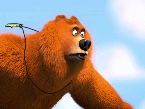 a cartoon bear with a leaf attached to his neck