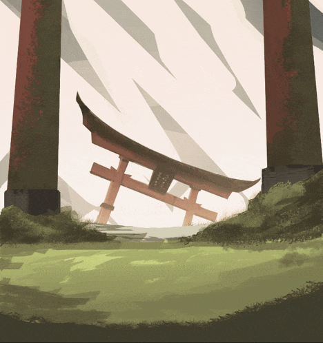 a painting of a torii gate in a forest