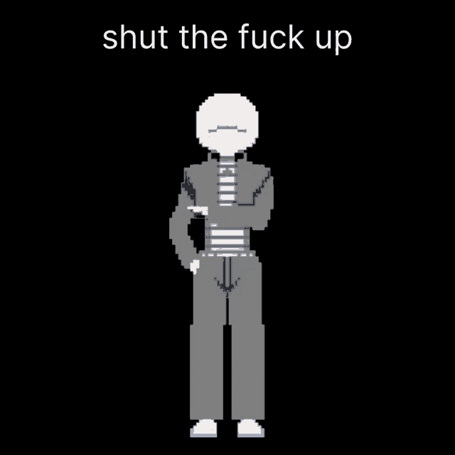 a pixel art drawing of a man with the words shut the fuck up above him