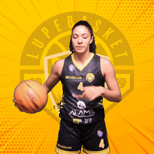 a woman in a givova jersey holds a basketball in front of a lupe basket logo