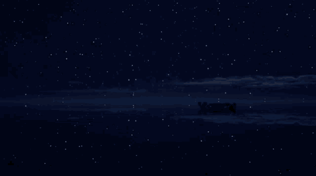 a dark night sky with lots of stars and a boat in the foreground