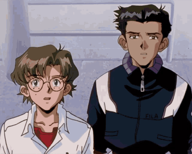 a man in a fila jacket is standing next to a woman