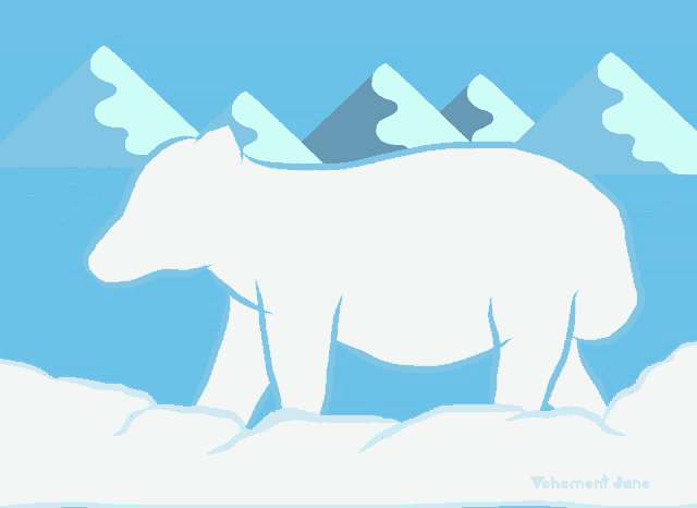 a drawing of a polar bear with mountains in the background