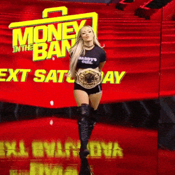 a woman in a daddy 's girl shirt is standing in front of a money in the bank sign