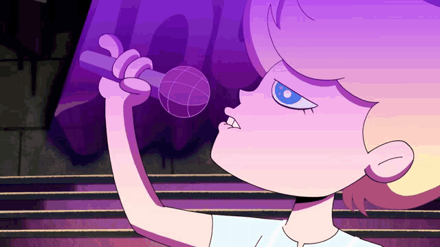 a cartoon character singing into a microphone with the word love behind him