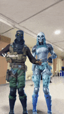 a man and a woman are standing next to each other and the woman is wearing a mask with a skull on her face