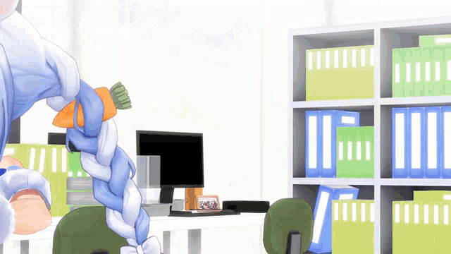 a cartoon character is holding a carrot in an office with binders and a computer