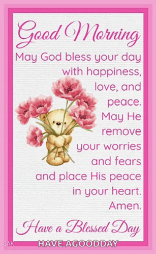 a good morning card with a teddy bear holding a bouquet of flowers .