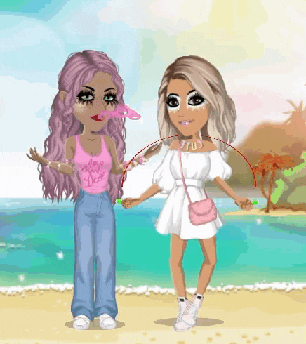 a cartoon drawing of two girls standing on a beach with one wearing a pink shirt that says i love you