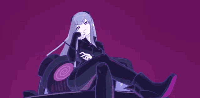 a girl with long white hair is sitting in a chair with a purple background