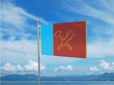 a flag with a hammer and sickle on it is flying in the wind