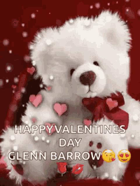 a teddy bear is sitting on a red background and says happy valentine 's day to glenn barrow .