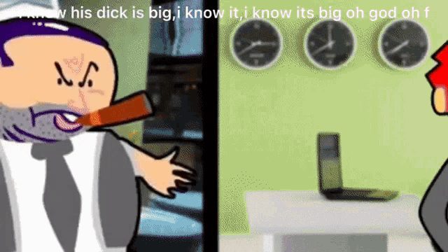 a cartoon of a man drinking from a bottle with the words " his dick is big i know it "