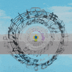 a circle of music notes with a yellow cube in the middle