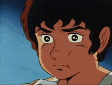 a close up of a cartoon character 's face with a blue sky in the background