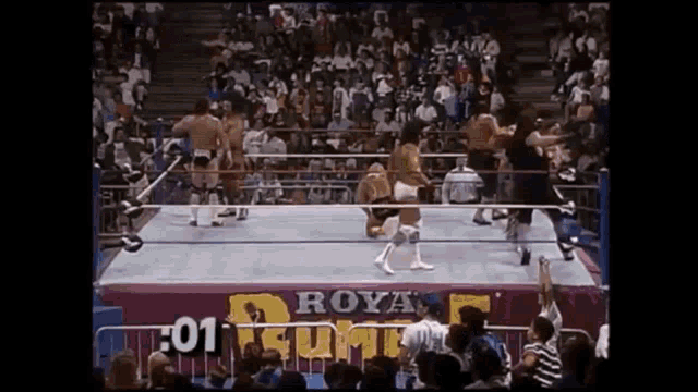 a group of wrestlers are fighting in a ring with a sign that says royal rumble on it .