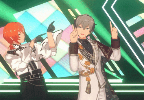 a couple of anime characters standing next to each other with one giving the middle finger