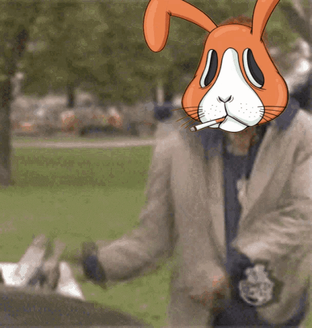 a person wearing a bunny mask smoking a cigarette
