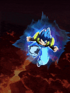 a cartoon character with blue hair is flying through the air .