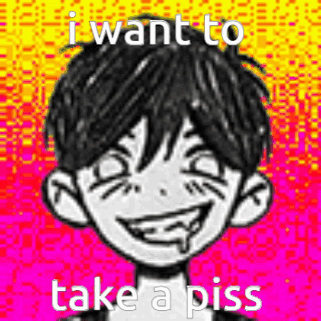 a black and white drawing of a boy with the words `` i want to take a piss '' written on it .