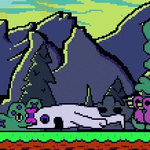 a pixel art drawing of a dog laying on the ground in front of a mountain