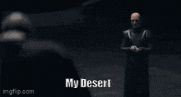 a man in a black robe is standing in a dark room and says my desert