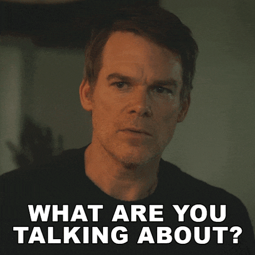 a man in a black shirt is asking what are you talking about