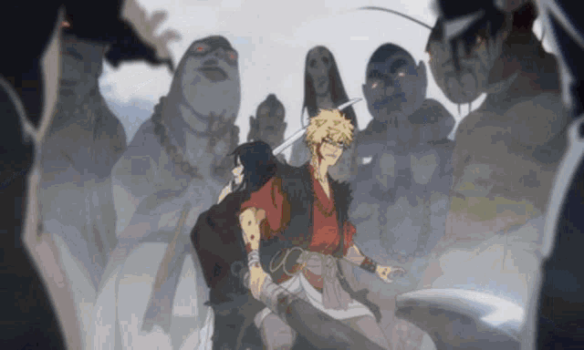 a man in a red shirt is standing in front of a group of zombies