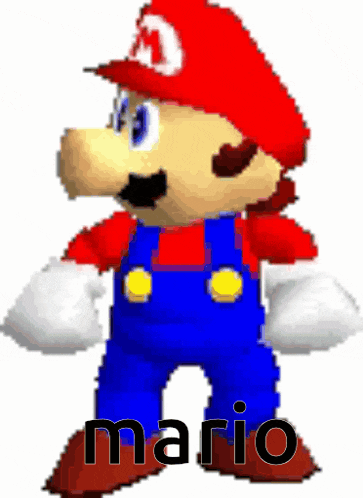 a pixelated image of mario with the word mario behind him