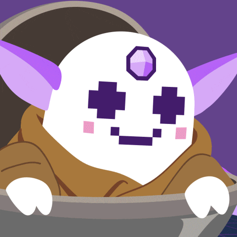 a cartoon character with purple ears and a purple eye