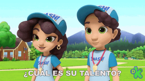 a boy and a girl wearing smash shirts and hats