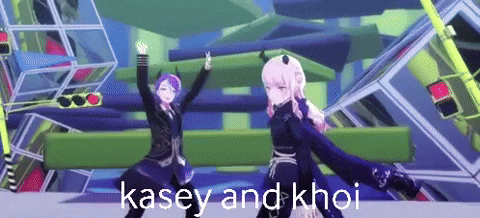 two anime girls are dancing in a video game and the words kasey and khoi are on the bottom