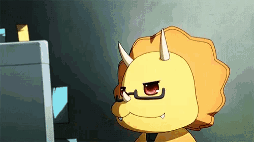a cartoon character wearing glasses and horns looks at a computer screen