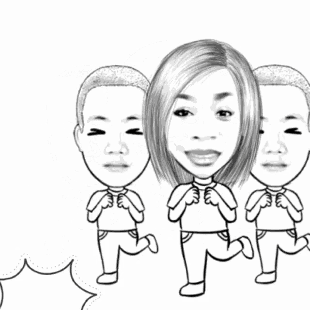a black and white drawing of a woman and two boys