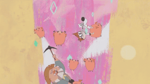 a man with a pickaxe is surrounded by pigs