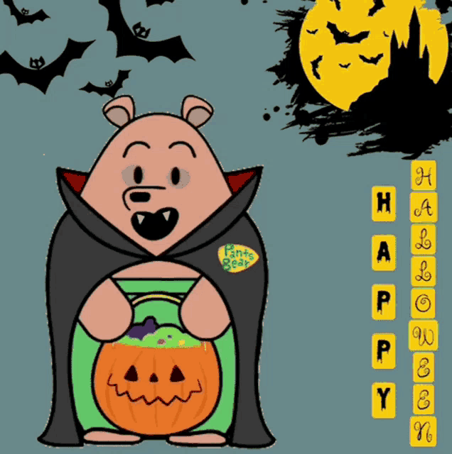a cartoon of a vampire bear holding a pumpkin with the words happy halloween written below it