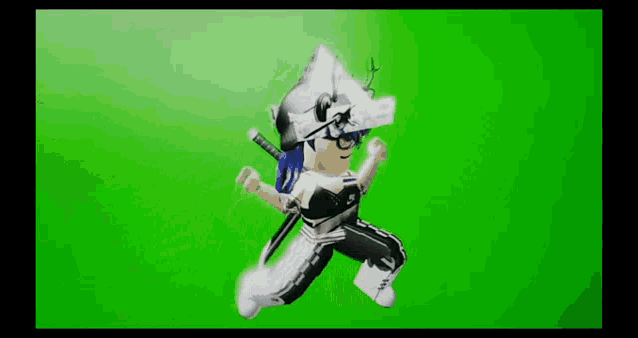a girl wearing a virtual reality headset and a sword is running on a green screen .