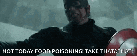captain america is holding a shield and says `` not today food poisoning ! take that and that ! ''
