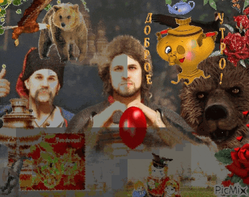 a picture of a man holding a red egg is surrounded by animals and flowers and says picmix