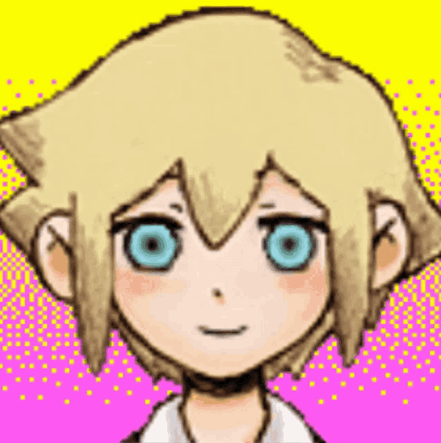 a pixel art of a girl with blonde hair and blue eyes .