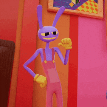 a purple cartoon character wearing pink overalls stands in front of a pink wall