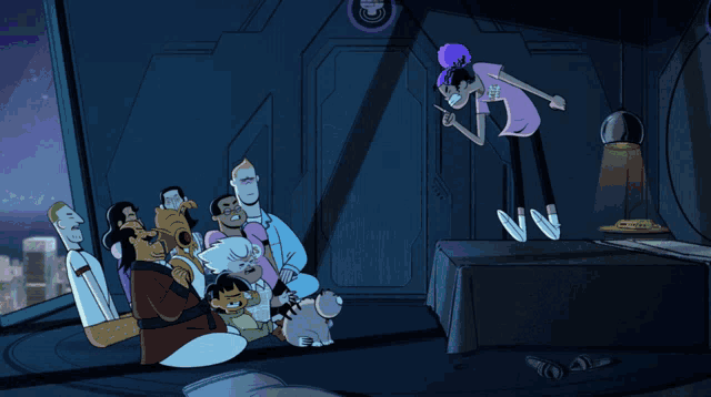a cartoon of a group of people sitting around a table with a girl in a pink shirt that says m on it