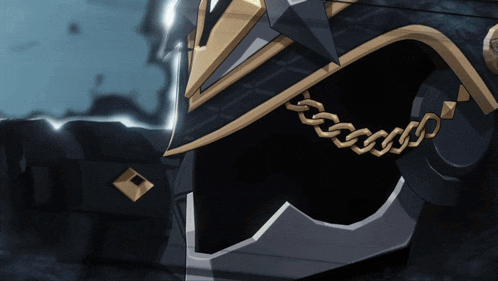 a close up of a helmet with a gold chain around the neck