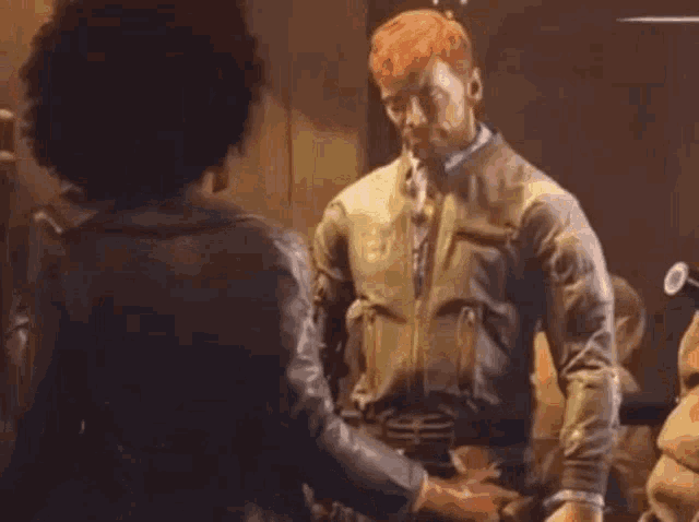 a man with red hair is talking to a woman in a leather jacket .