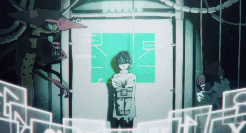 a cartoon drawing of a man in a straitjacket with a screen behind him that has the number 10