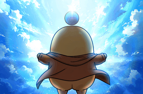 a cartoon character is standing in front of a blue sky