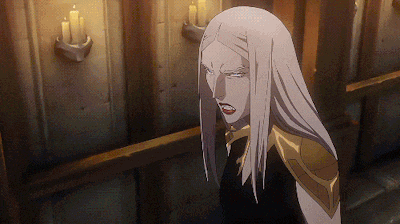 a woman with long white hair stands in front of a wall with candles
